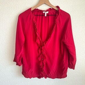 Joie Women's M 100% Silk Ruffle Button  Blouse Cardigan Pink Preppy Coquette